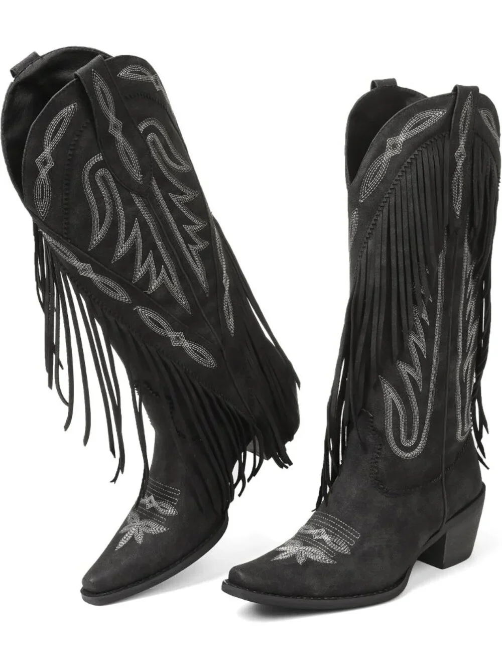 Women's Black Retro Block Chunky Fringe Wide Calf Pointed Toe Knee High Boots